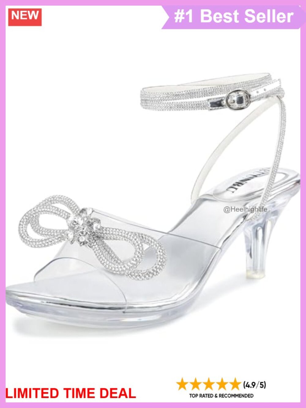 Rhinestone Bow Clear Stiletto Heeled Sandals Ankle Strap Platform